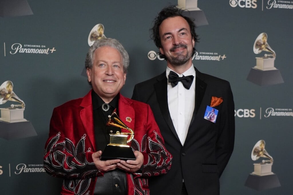 John Leopold and Joel Savoy pose in the press room with the award for Best Regional Roots music album for the Clifton Chenier tribute album "A Tribute to the King of Zydeco" during the 68th annual Grammy Awards on Sunday, Feb. 1, 2026, in Los Angeles.
