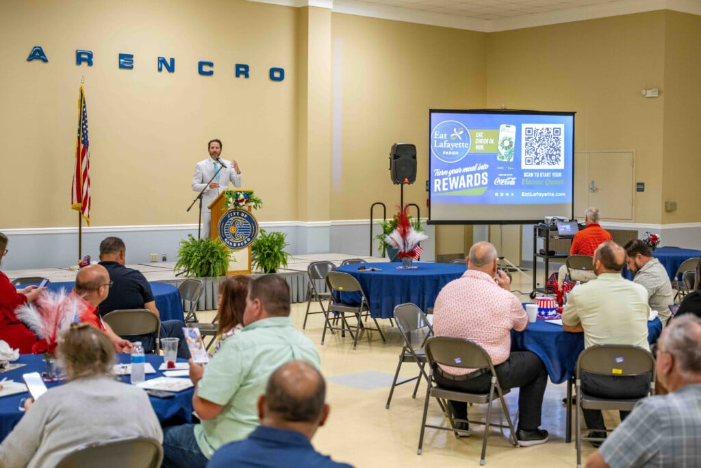 Lafayette Travel President and CEO Ben Berthelot at luncheon announcing the launch of the free EatLafayette app
