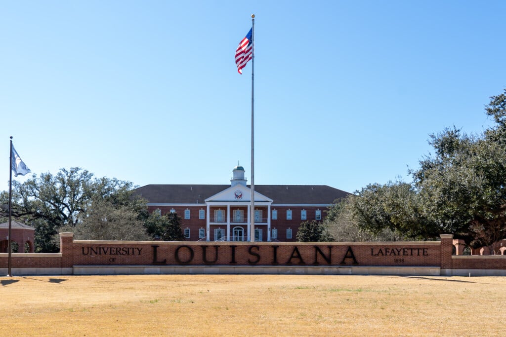 University Of Louisiana Sign Is Shown At The Campus In Lafayette, Louisiana, Usa.
