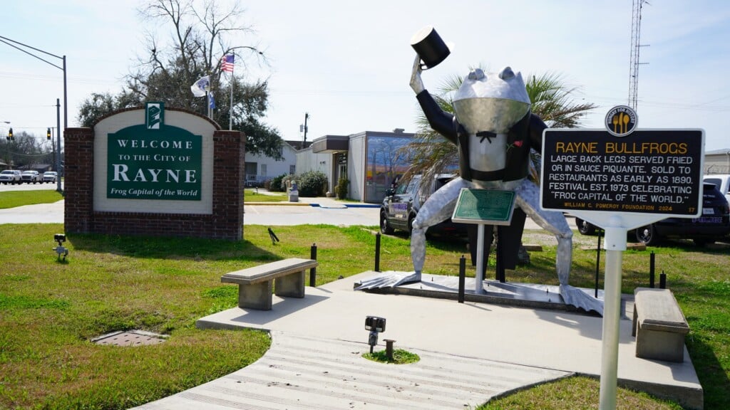 Image of Rayne welcome sign and frog statue