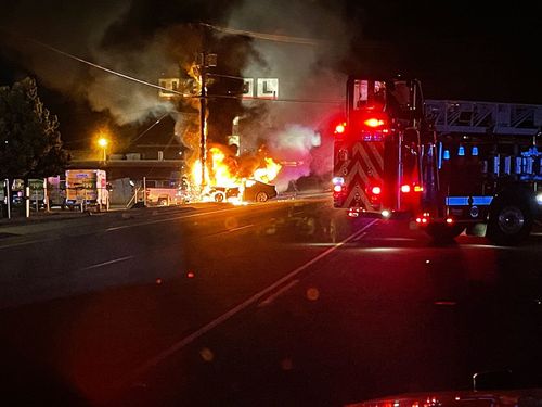 Vehicle, Utility Pole Catch Fire After Crash; No Injuries Reported