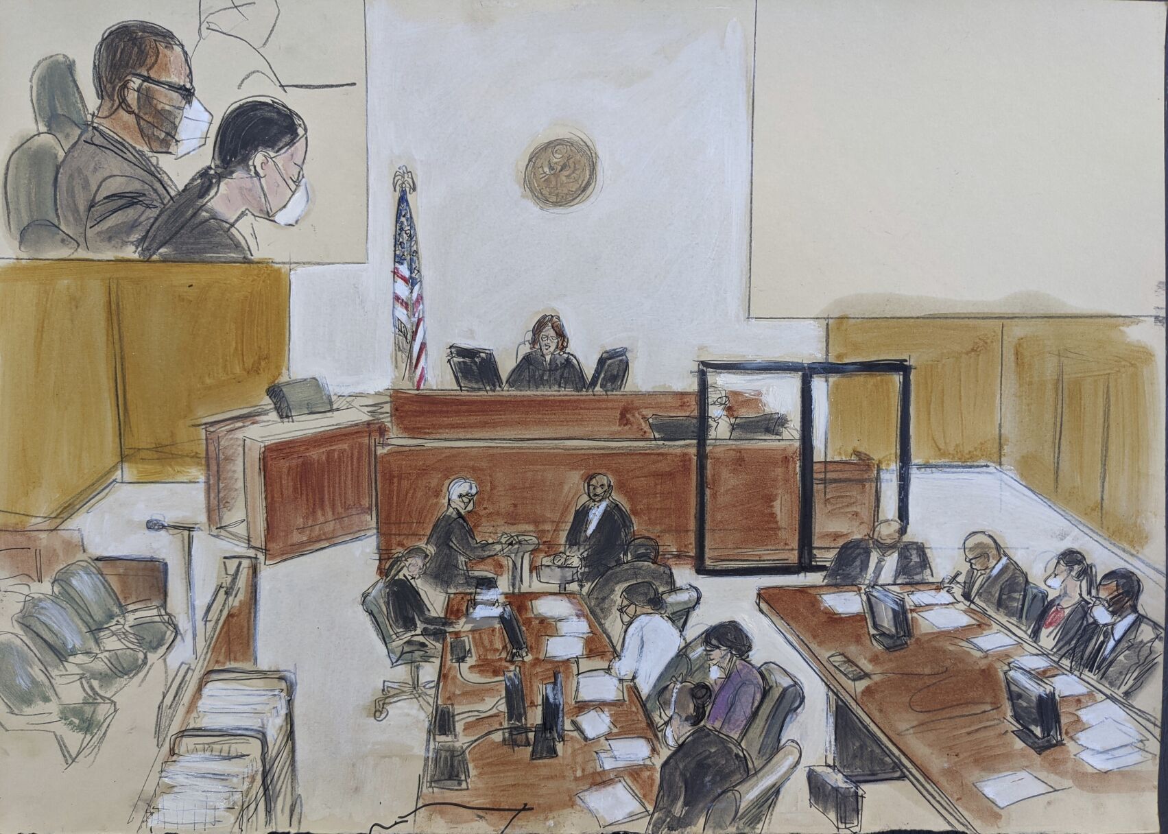 <p>In this courtroom sketch drawn from a video feed, Judge Ann Donnelly sits at the judges bench and reads the instructions to the jury (not visible on the video feed) during R. Kelly's sex trafficking trial, Friday, Sept. 24, 2021, in federal court in New York. R. Kelly is seen in the upper left hand corner inset and is seated lower right.</p>