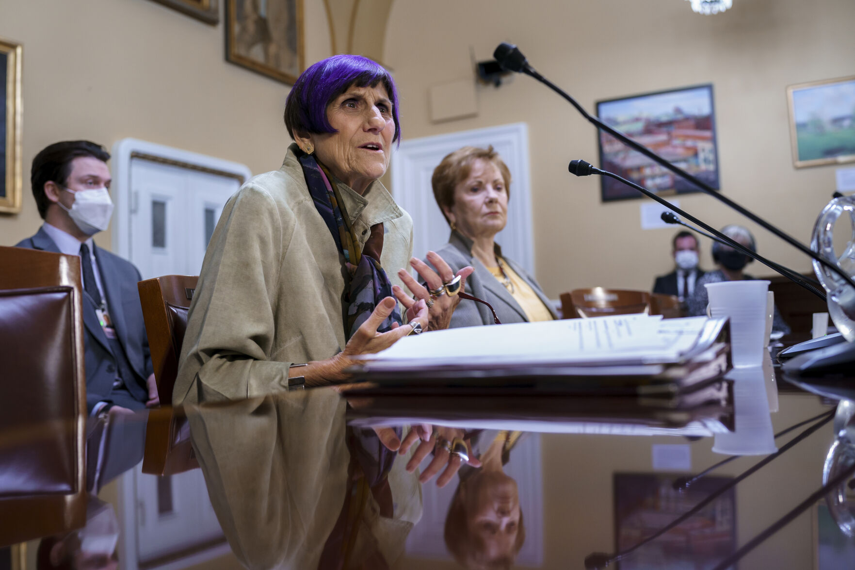 <p>House Appropriations Committee Chair Rosa DeLauro, D-Conn., left, joined by Rep. Kay Granger, R-Texas, the ranking member of Appropriations, appear before the House Rules Committee as they field questions about the politics of the federal debt, at the Capitol in Washington, Tuesday, Sept. 21, 2021. (AP Photo/J. Scott Applewhite)</p>