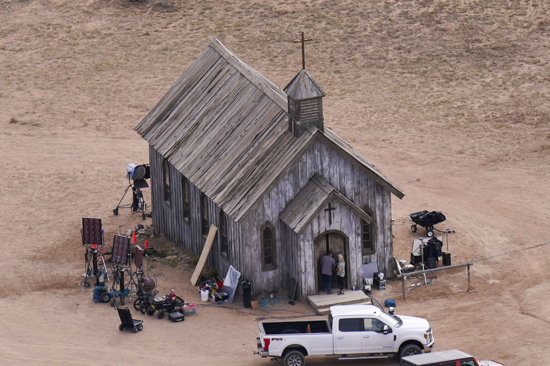 <p>This aerial photo shows a film set at the Bonanza Creek Ranch in Santa Fe, N.M., Saturday, Oct. 23, 2021. Actor Alec Baldwin fired a prop gun on the set of a Western being filmed at the ranch on Thursday, Oct. 21, killing the cinematographer, officials said. (AP Photo/Jae C. Hong)</p>