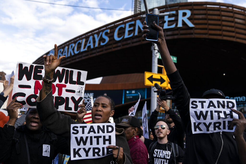 Demonstrators Support Irving Vs Vaccine Mandate At Nets Game
