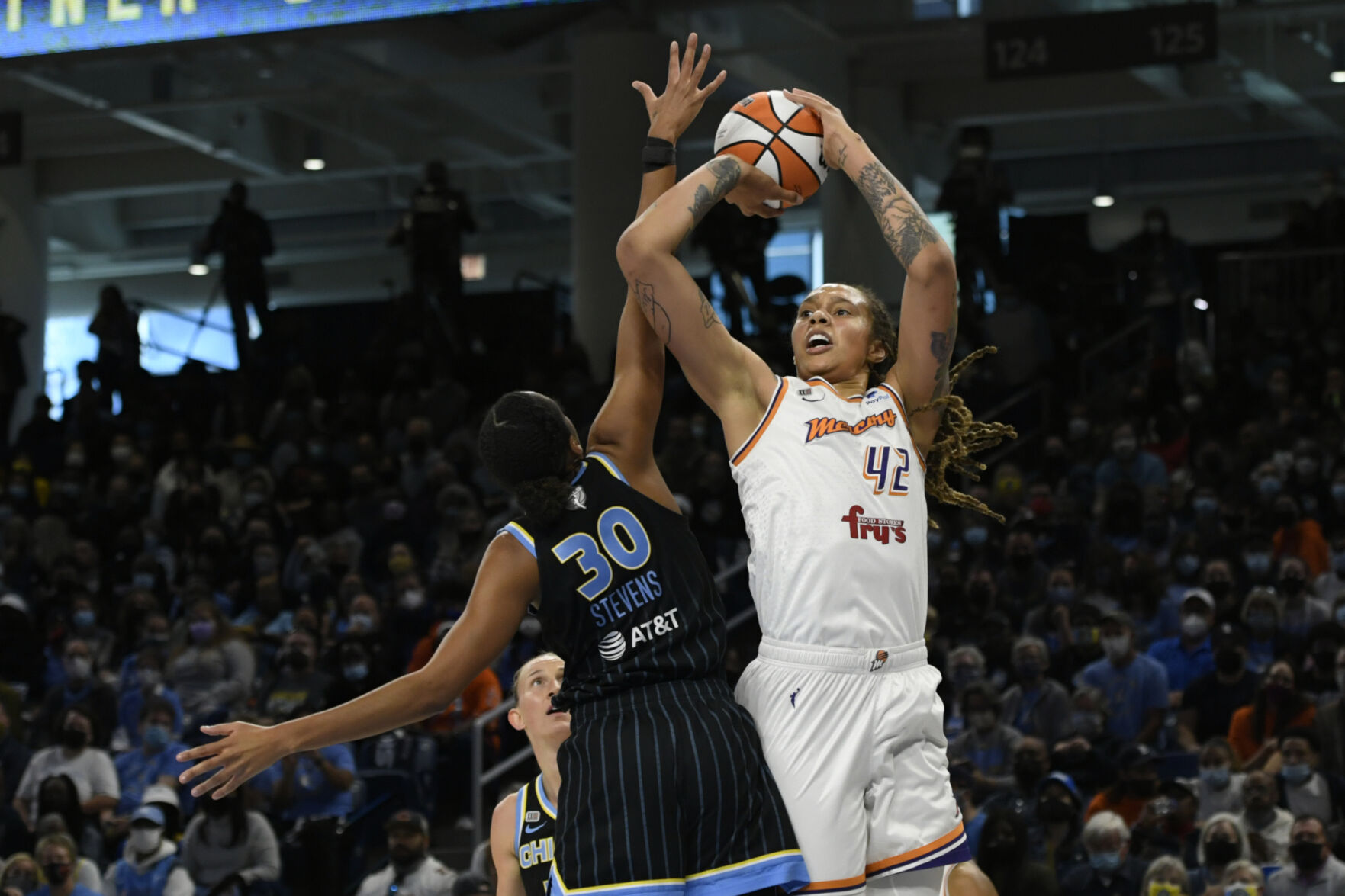 <p>Phoenix Mercury's Brittney Griner (42) shoots against Chicago Sky's Azura Stevens (30) during the first half of Game 4 of the WNBA Finals, Sunday, Oct. 17, 2021, in Chicago. (AP Photo/Paul Beaty)</p>