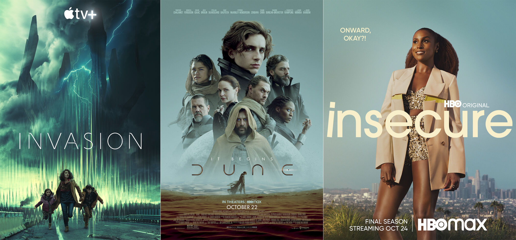 <p>This combination of images shows promotional art for the series "Invasion," premiering Friday, Oct. 22 on Apple TV+, left, the film "Dune," premiering Friday, Oct. 22 on HBO Max, center, and the series "Insecure," premiering its fifth and final season Sunday, Oct. 24 on HBO Max. (Apple TV+/HBO Max/HBO Max via AP)</p>