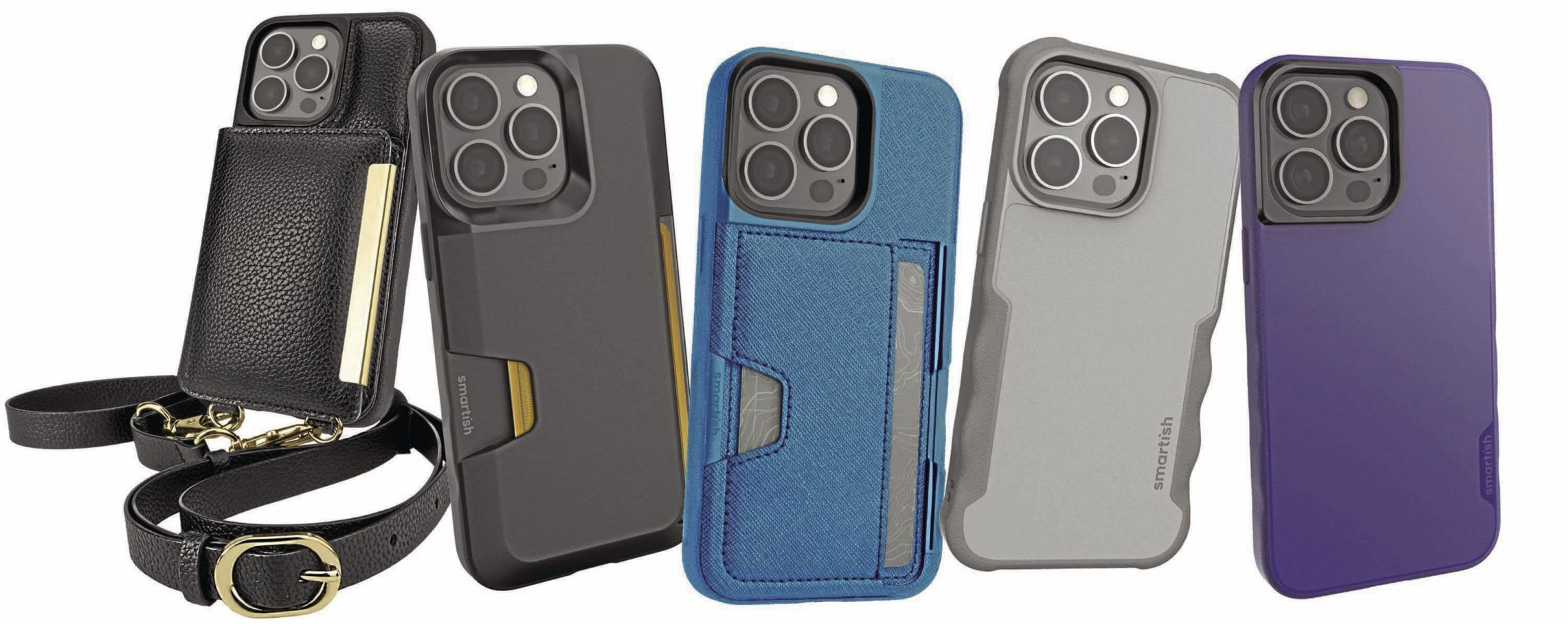 <p>From left, Smartish cases for the iPhone 13, from left: Dancing Queen crossbody wallet, Wallet Slayer Vol. 2, Wallet Slayer Vol. 1, Gripzilla and Gripmunk</p>