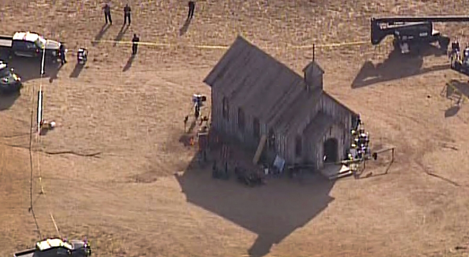 <p>This aerial video image provided by KOAT 7 News shows Santa Fe County sheriff's officers responding Thursday to the scene of the fatal accidental shooting involving actor Alec Baldwin at a movie set near Santa Fe, N.M.</p>
