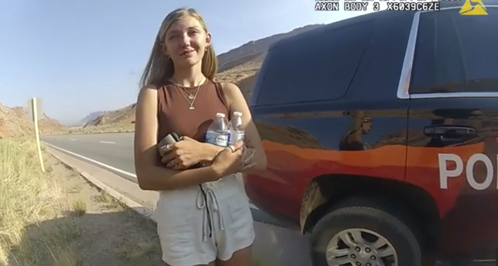 <p>FILE - This police camera video provided by The Moab Police Department shows Gabrielle "Gabby" Petito talking to a police officer after police pulled over the van she was traveling in with her boyfriend, The FBI on Thursday, Oct. 21, 2021 identified human remains found in a Florida nature preserve as those of Brian Laundrie, a person of interest in the death of girlfriend Gabby Petito while the couple was on a cross-country road trip.</p>