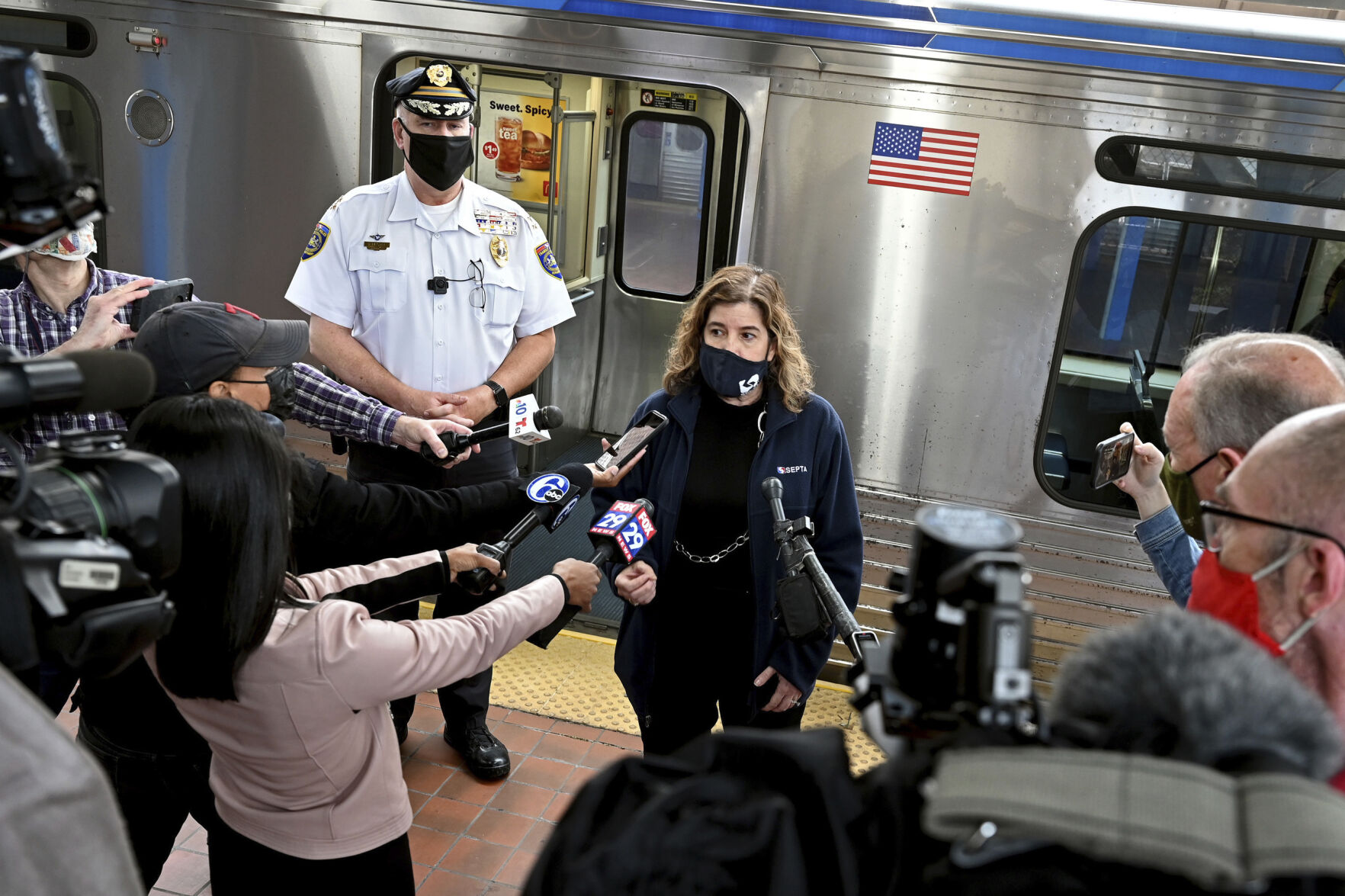 <p>SEPTA General Manager Leslie Richards speaks during a Monday news conference as SEPTA Transit Police Chief Thomas Nestel III stands behind her on an El platform at the 69th Street Transportation Center in Philadelphia, following a brutal rape on the El, as other riders watched, over the weekend.</p>
