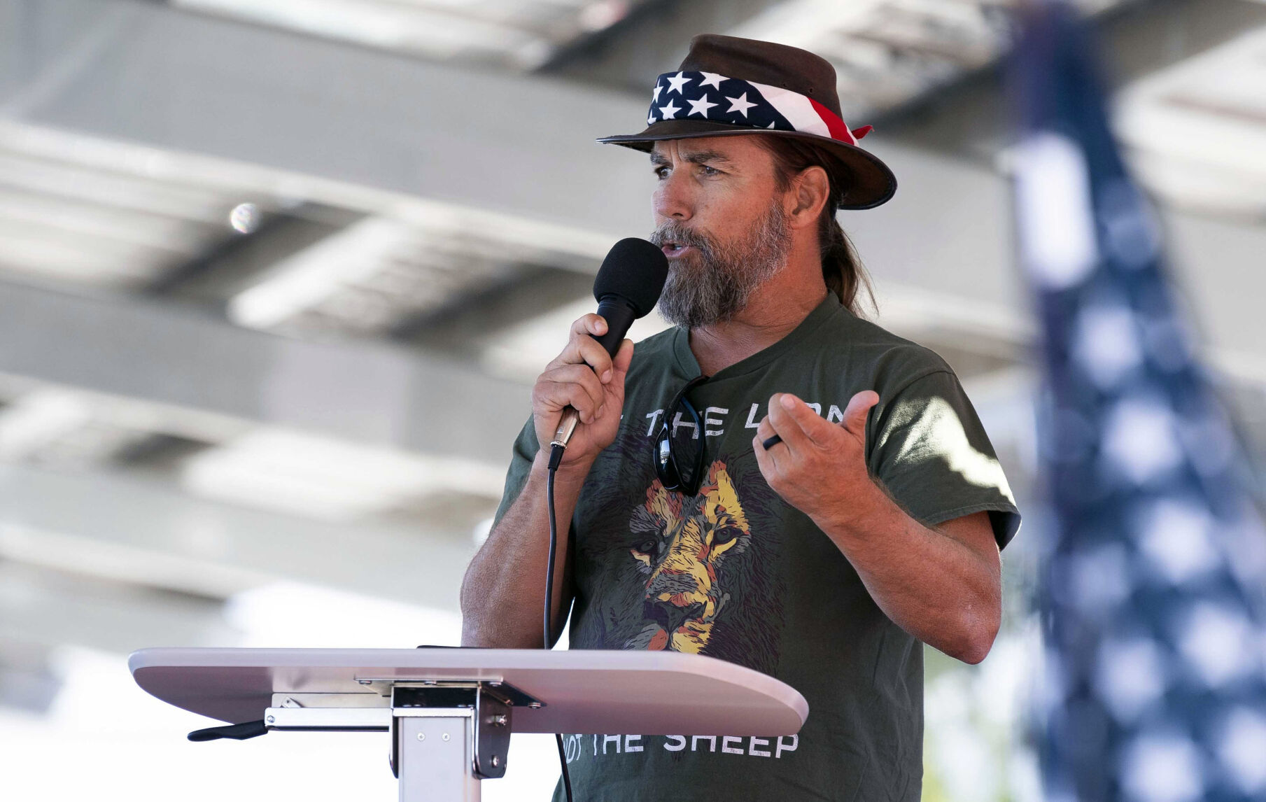 <p>Alan Hostetter speaks during a Nov. 9, 2020, pro-Trump election integrity rally he organized at the Orange County Registrar of Voters offices in Santa Ana, Calif. Hostetter is one of at least five people charged in the riot at the U.S. Capitol on Jan. 6, 2021, who have chosen to defend themselves in court.</p>
