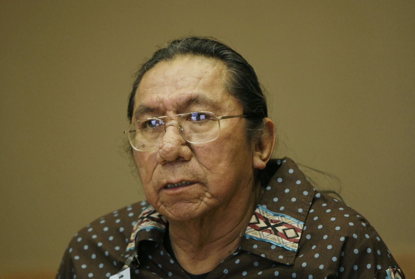 <p>Ernie LaPointe, the great-grandson of Sitting Bull, speaks in Washington, Wednesday, Dec. 5, 2007, after a signing ceremony to return Sitting Bull's hair and legging to family. Sitting Bull was killed in 1890 and items where later sent to museum in 1896. </p>