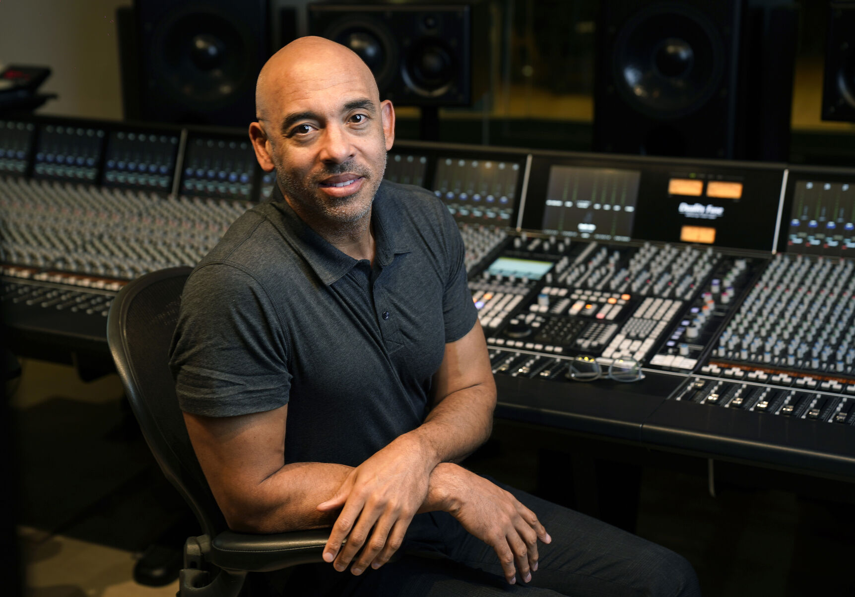 <p>Harvey Mason jr., CEO of The Recording Academy, poses for a portrait at Harvey Mason Media music production studios, Monday, Oct. 11, 2021, in Burbank, Calif. (AP Photo/Chris Pizzello)</p>
