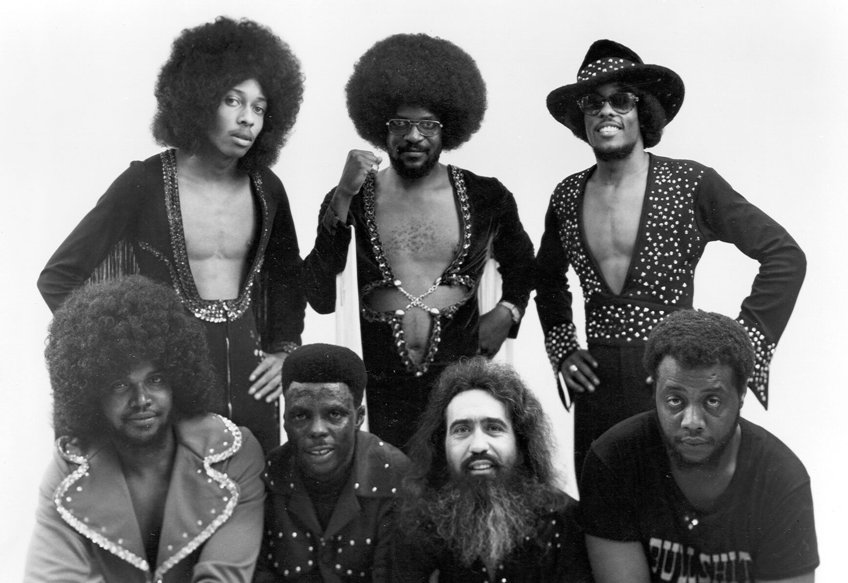 <p>Members of The Gap Band pose for a portrait, circa 1980. Clockwise from top left: Robert Wilson, Ronnie Wilson, Charles Wilson, O'Dell Stokes, Tommy Lokey, Roscoe Smith, and Chris Clayton.</p>