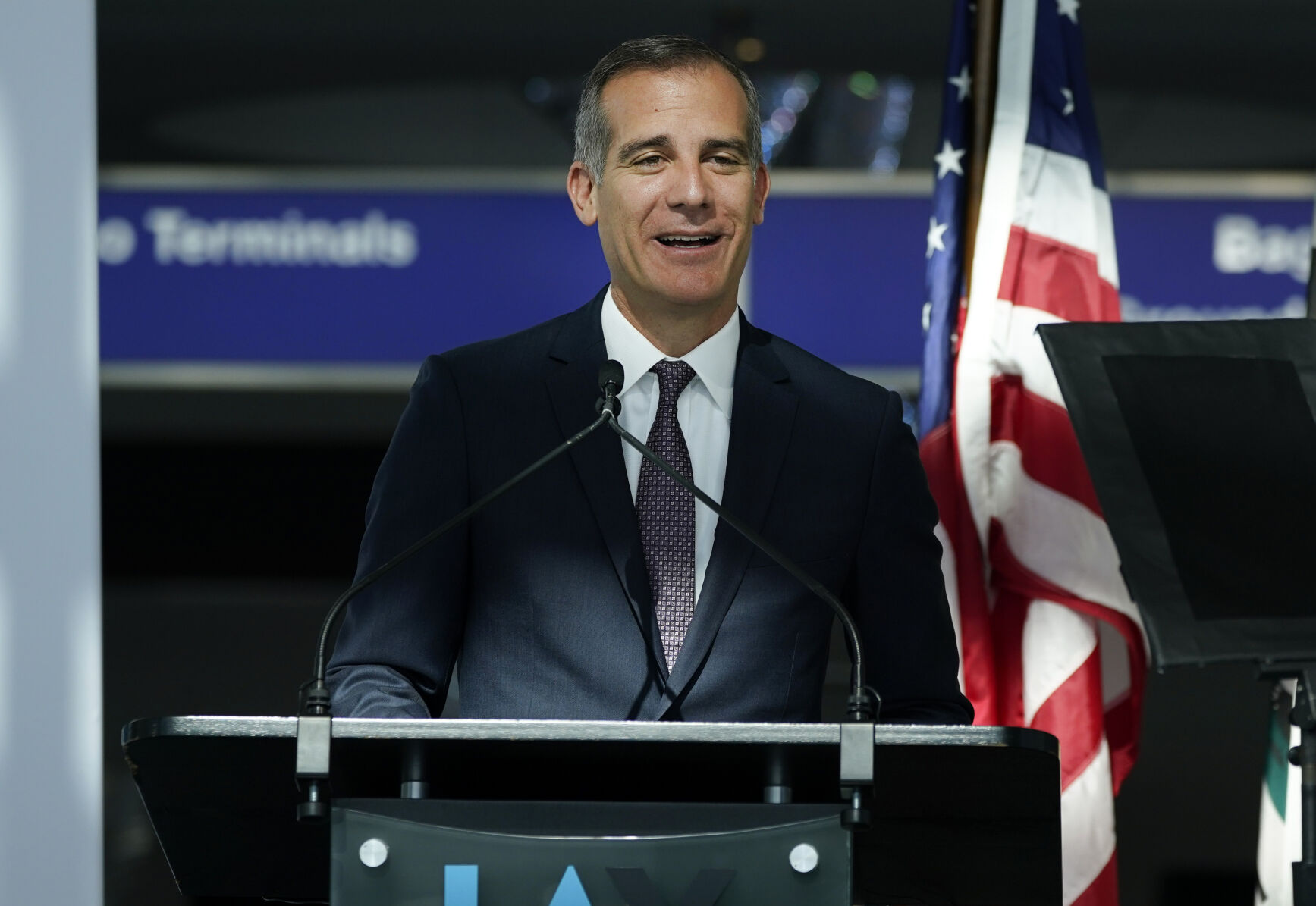 <p>FILE - Los Angeles Mayor Eric Garcetti speaks at a news conference at Los Angeles International Airport on May 24, 2021, in Los Angeles. On Friday, Nov. 5, The Associated Press reported on stories circulating online incorrectly claiming Garcetti had received three COVID-19 vaccine doses but still tested positive for the virus. In fact, he had not received a third dose. (AP Photo/Ashley Landis, File)</p>