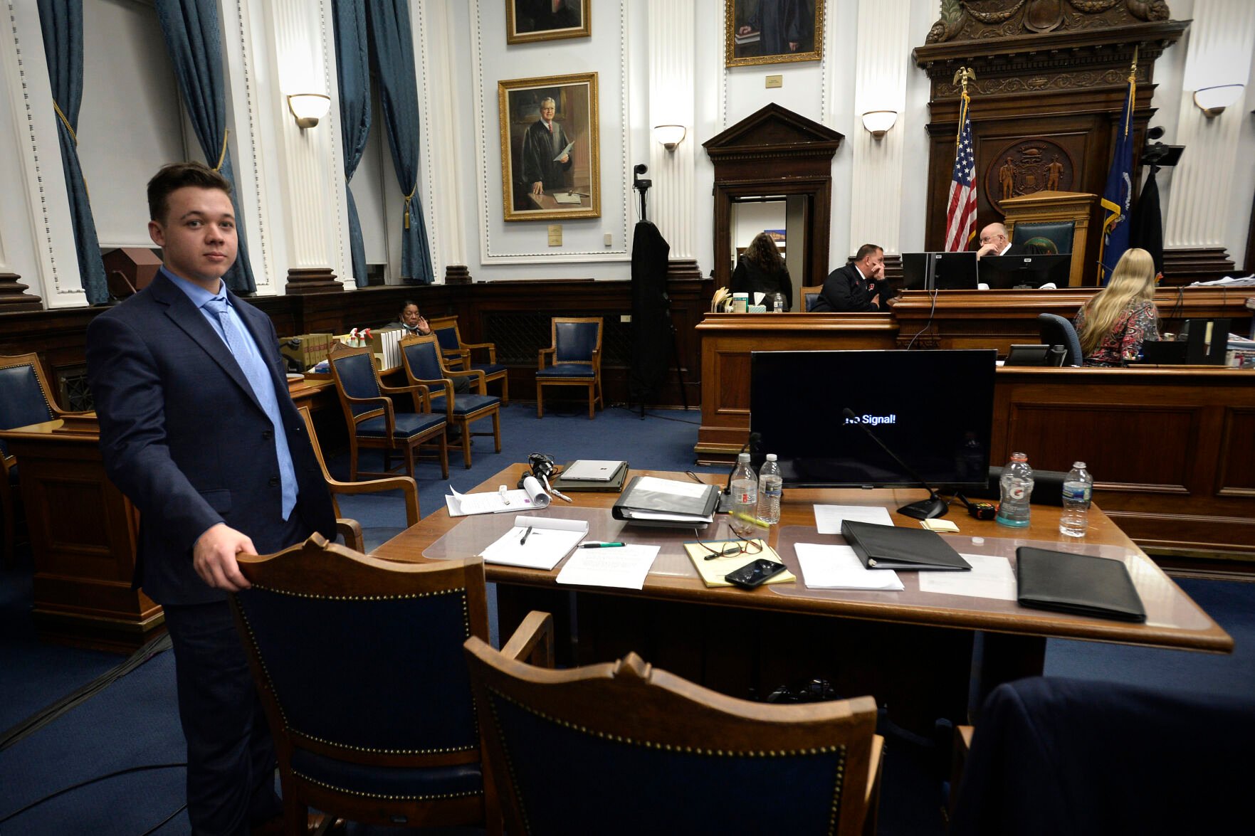 <p>FILE - Kyle Rittenhouse waits near his table during a break in his trial at the Kenosha County Courthouse in Kenosha, Wis. on Nov. 15, 2021. </p>