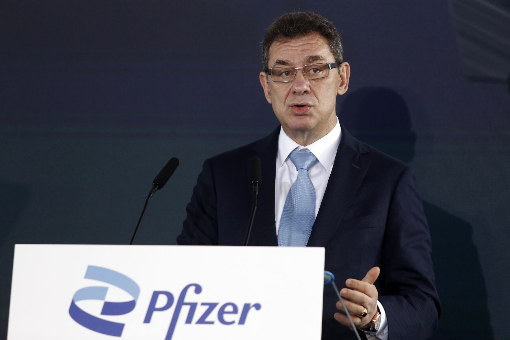 <p>FILE - Pfizer CEO Albert Bourla speaks during a ceremony in Thessaloniki, Greece, on Oct. 12, 2021. On Friday, Nov. 19, 2021, The Associated Press reported on stories circulating online incorrectly claiming that Myriam Bourla, the wife of Albert Bourla, had died from complications of the Pfizer COVID-19 vaccine. In fact, she had no such complications, and she was alive and well. (AP Photo/Giannis Papanikos, File)</p>