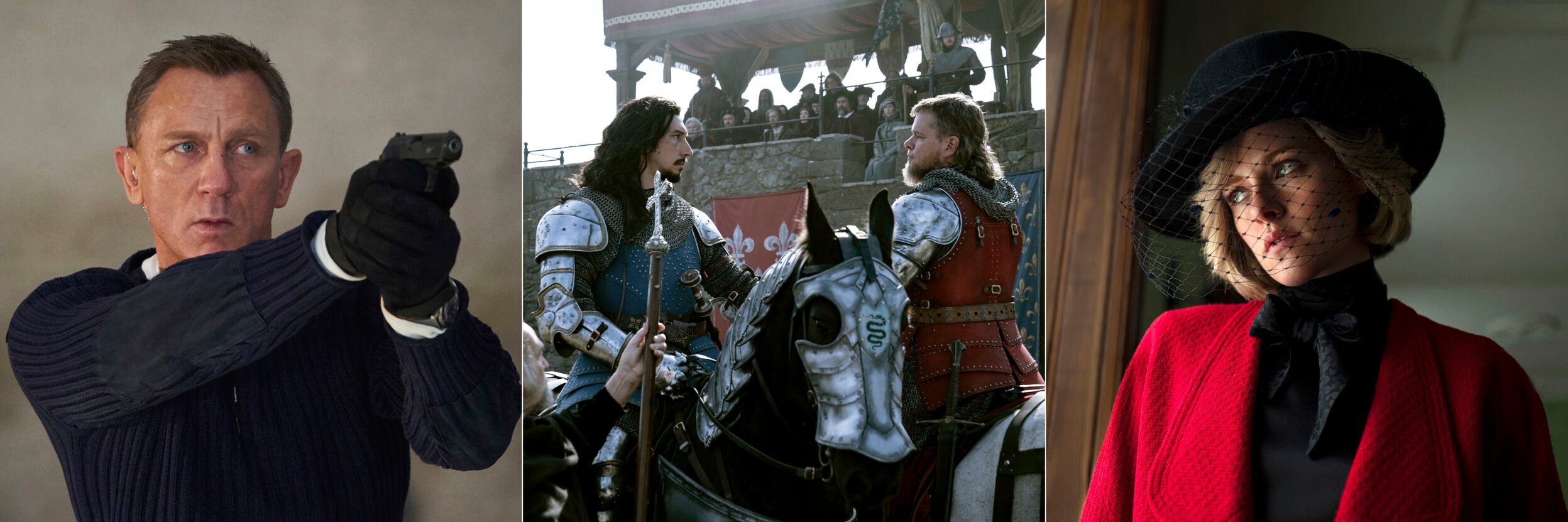 <p>This combination of photos shows Daniel Craig in a scene from "No Time To Die," Adam Driver and Matt Damon in a scene from "The Last Duel," and Kristen Stewart in a scene from "Spencer."</p>