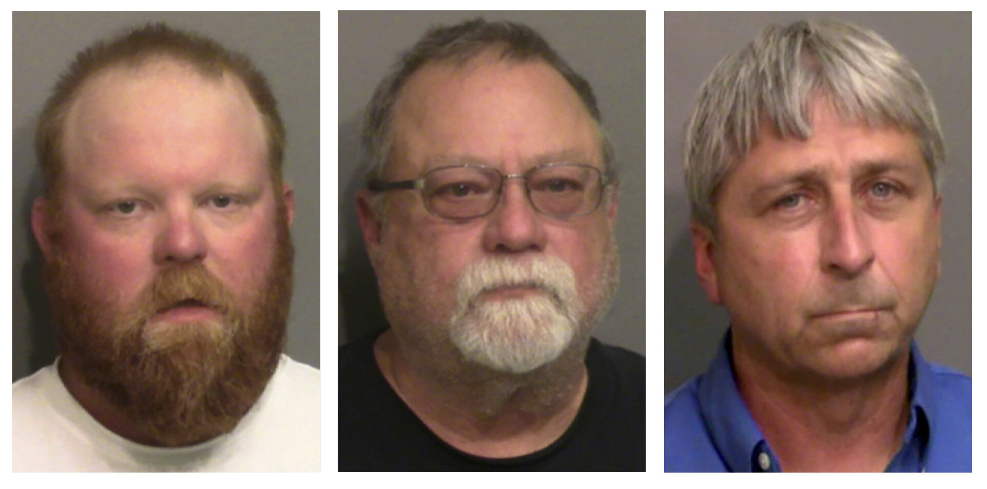 <p>FILE - This combination of booking photos provided by the Glynn County, Ga., Detention Center, shows, from left, Travis McMichael, his father, Gregory McMichael, and William "Roddie" Bryan Jr. </p>
