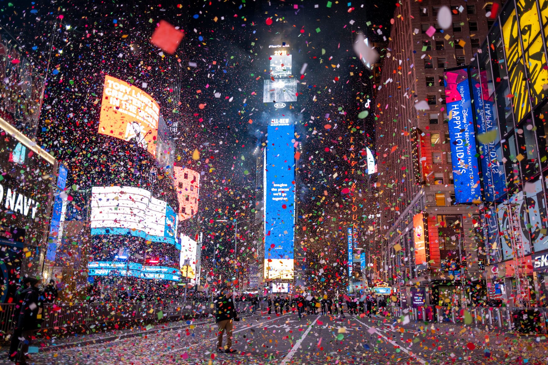 <p>Confetti flies after the Times Square New Year's Eve Ball drops in a nearly empty Times Square, early Friday, Jan. 1, 2021, as the area normally packed with revelers remained closed off due to the ongoing coronavirus pandemic. (AP Photo/Craig Ruttle)</p>