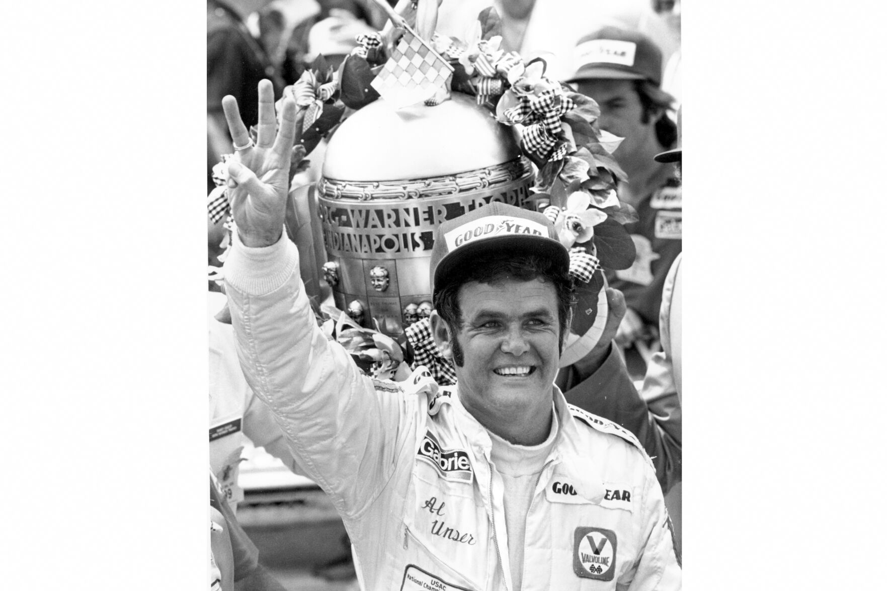 <p>FILE - Formula 1 race car driver Al Unser waves three fingers in Victory Lane at Indianapolis Motor Speedway after winning the 62nd Indianapolis 500 in Indianapolis, Ind., on May 28, 1978. Al Unser, one of only four drivers to win the Indianapolis 500 a record four times, died Thursday following years of health issues. He was 82. </p>