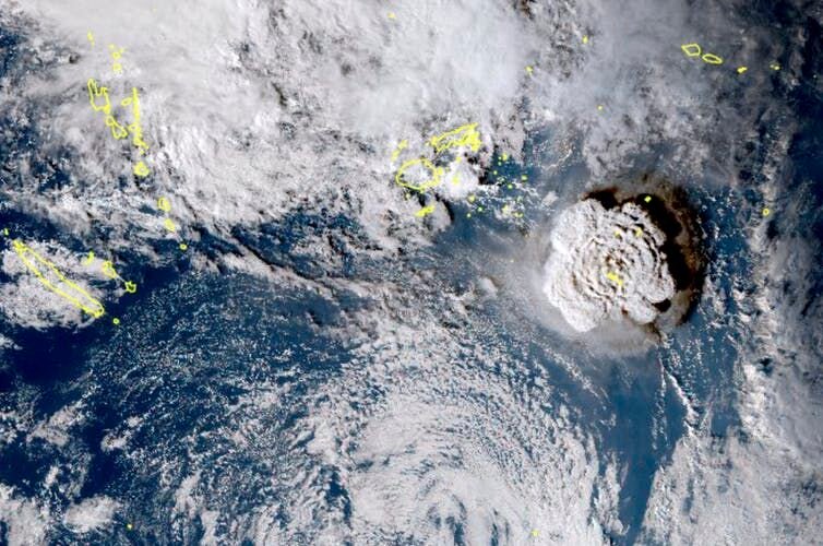 <p>Images from a weather satellite captured the volcanic eruption on Jan. 15, 2022. <a class="source" href="https://newsroom.ap.org/detail/TongaVolcanoEruption/6d9759977f3b4b499acf907938c5b1a6/photo">Japan Meteorology Agency via AP</a></p>