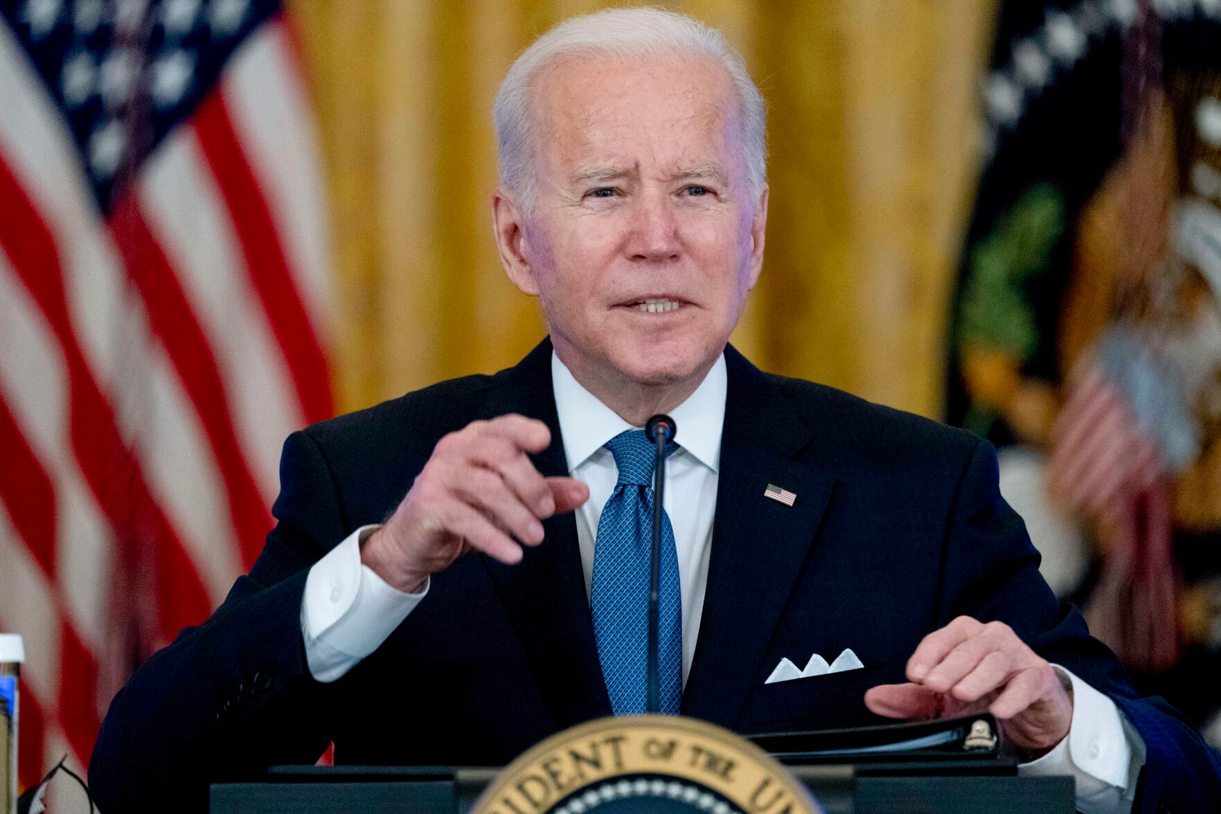 <p>President Joe Biden responds to reporter's questions during a meeting on efforts to lower prices for working families, in the East Room of the White House in Washington, Monday, Jan. 24, 2022. </p>