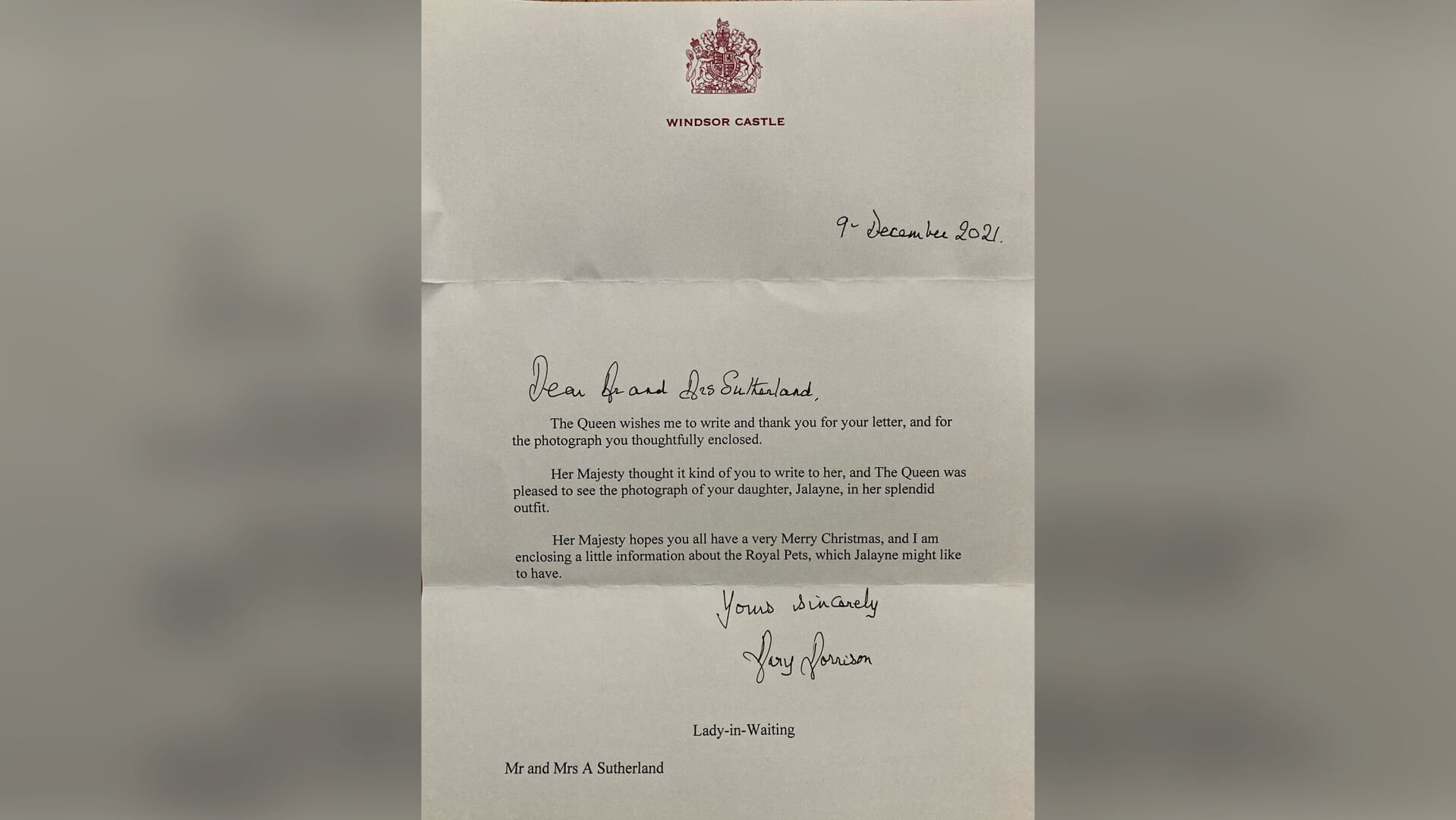 <p>The letter the Sutherland's recieved on December 27 from Windsor Castle.</p>