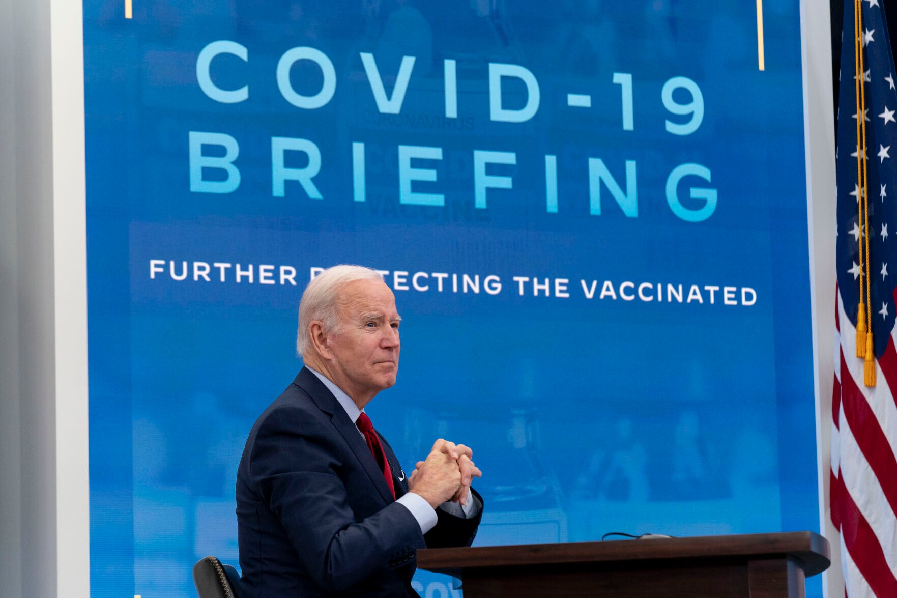 <p>FILE - President Joe Biden meets with the White House COVID-19 Response Team on the latest developments related to the Omicron variant in the South Court Auditorium in the Eisenhower Executive Office Building on the White House Campus in Washington, Tuesday, Jan. 4, 2022. On Friday, Jan. 7, 2022, The Associated Press reported on stories circulating online incorrectly claiming Biden fired over 200 marines for refusing to take the COVID vaccine. (AP Photo/Andrew Harnik, File)</p>