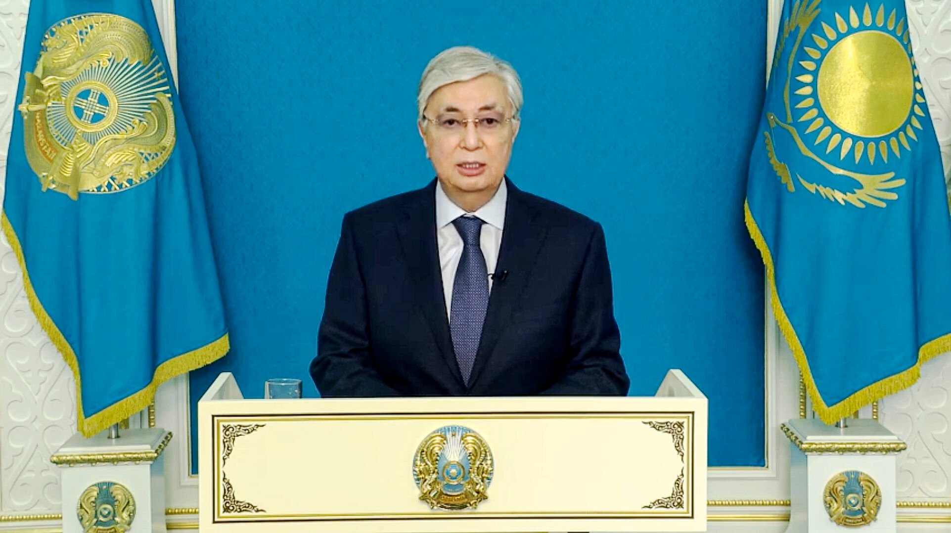 <p>In this handout photo taken from video released by Kazakhstan's Presidential Press Service, Kazakhstan's President Kassym-Jomart Tokayev speaks during his televised statement to the nation in Nur-Sultan, Kazakhstan, Wednesday, Jan. 5, 2022. Tokayev said that "we intend to act with maximum severity regarding law-breakers." In the statement, he also promised to make political reforms and announced that he was assuming the leadership of the national security council. The latter is potentially significant because the council had been headed by Nursultan Nazarbayev, who was president from 1991 until he resigned in 2019. (Kazakhstan's Presidential Press Service via AP)</p>