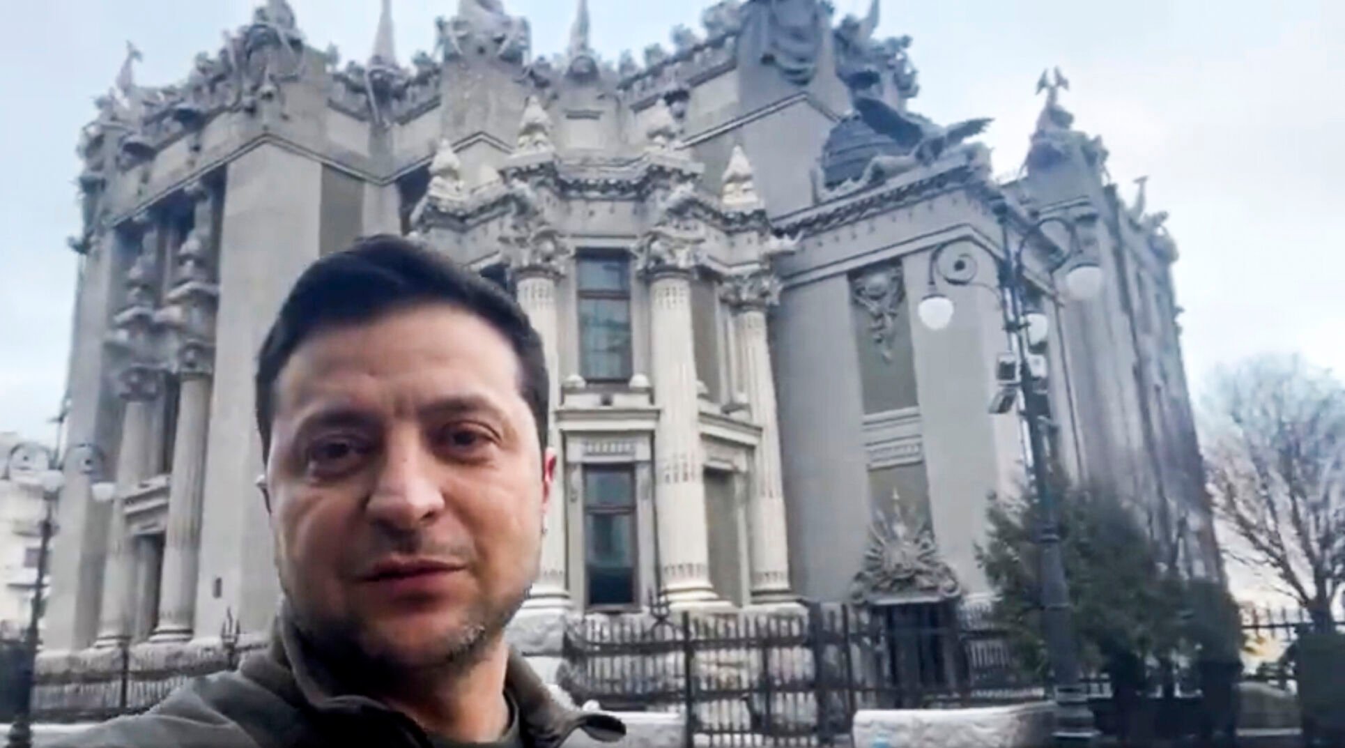<p>In this photo provided by the Ukrainian Presidential Press Office, Ukrainian President Volodymyr Zelenskyy speaks to the nation via his phone in the center of Kyiv, Ukraine, Saturday, Feb. 26, 2022. </p>