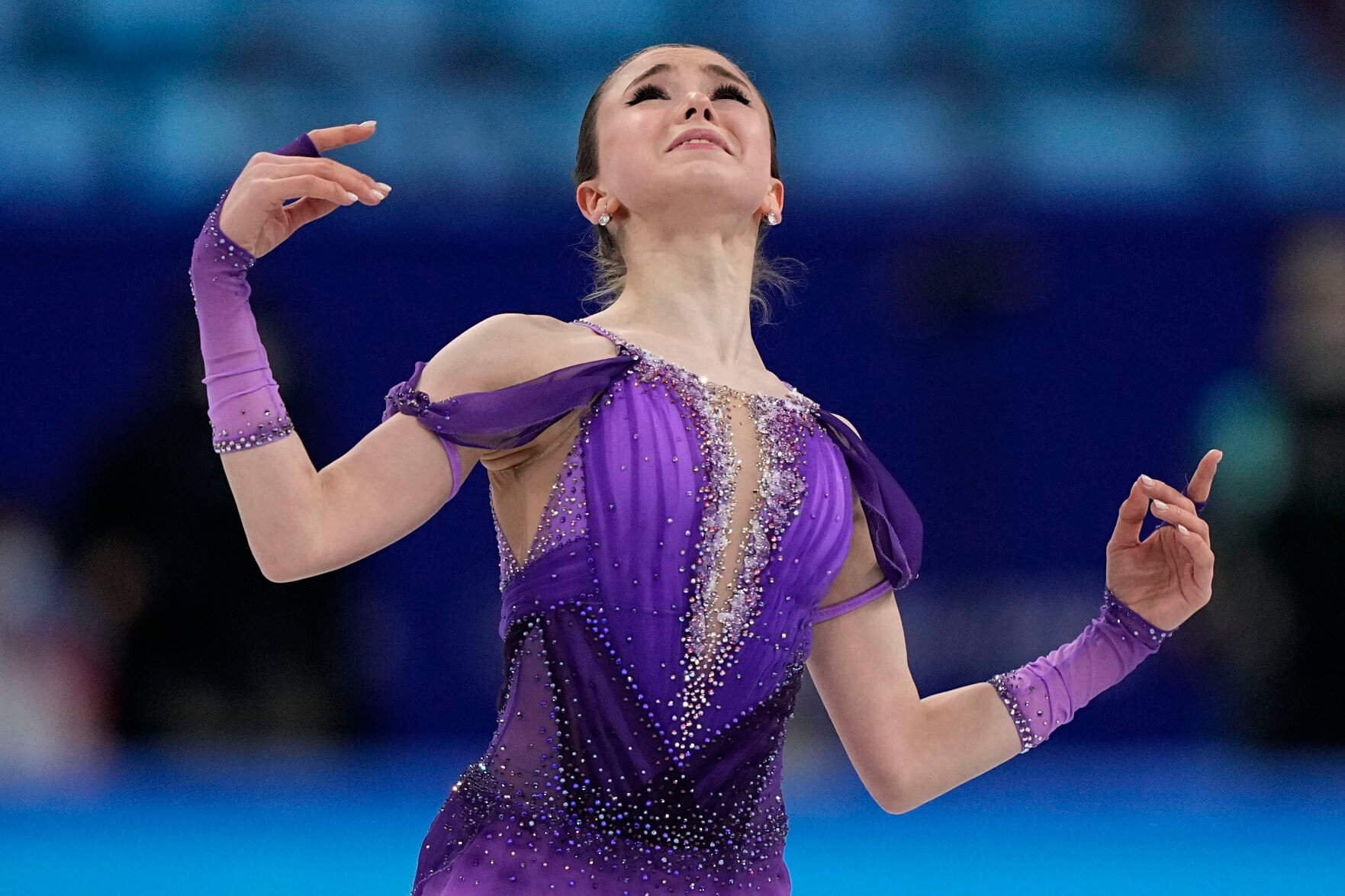 <p>Kamila Valieva, of the Russian Olympic Committee, reacts in the women's short program during the figure skating at the 2022 Winter Olympics, Tuesday, Feb. 15, 2022, in Beijing. (AP Photo/David J. Phillip)</p>