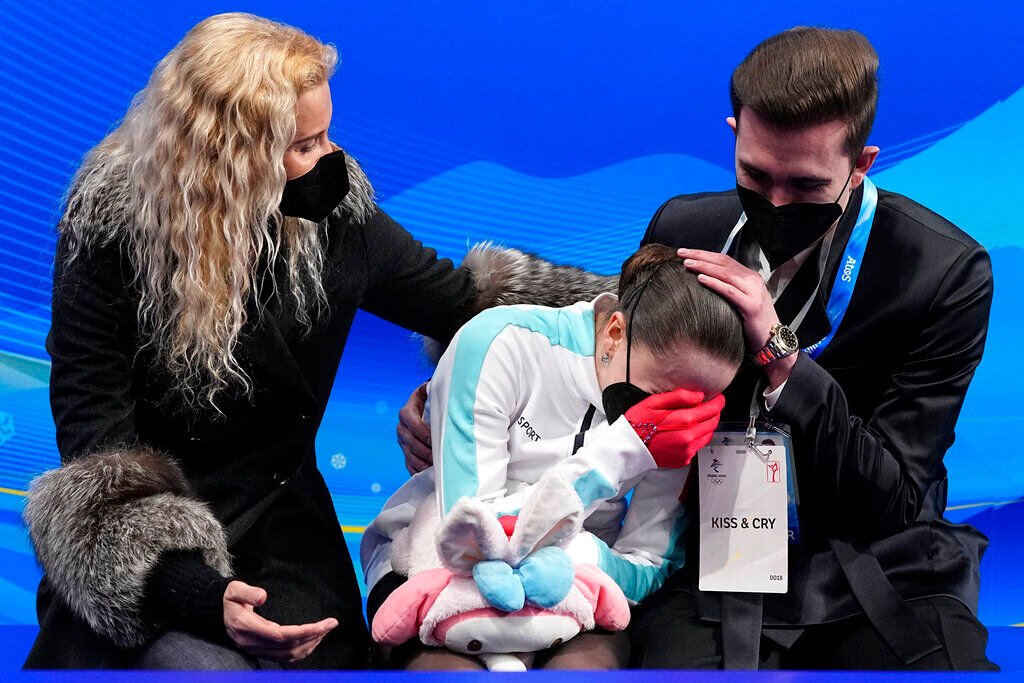 <p>Kamila Valieva, of the Russian Olympic Committee, reacts after competing in the women's free skate program during the figure skating competition at the 2022 Winter Olympics, Thursday, Feb. 17, 2022, in Beijing. (AP Photo/David J. Phillip)</p>