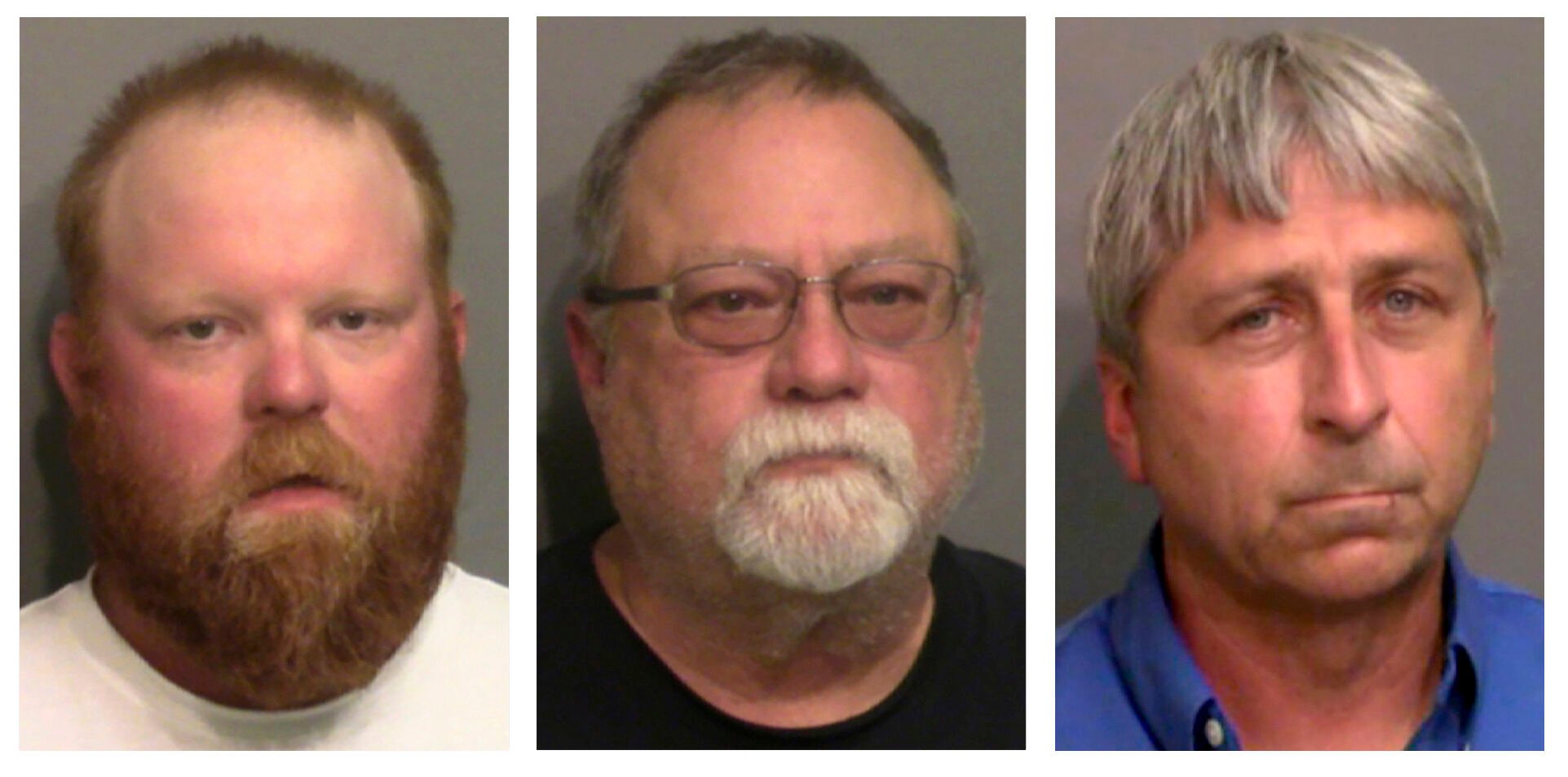 <p>FILE - This combo of booking photos provided by the Glynn County, Ga., Detention Center, shows from left, Travis McMichael, his father Gregory McMichael, and William "Roddie" Bryan Jr. </p>