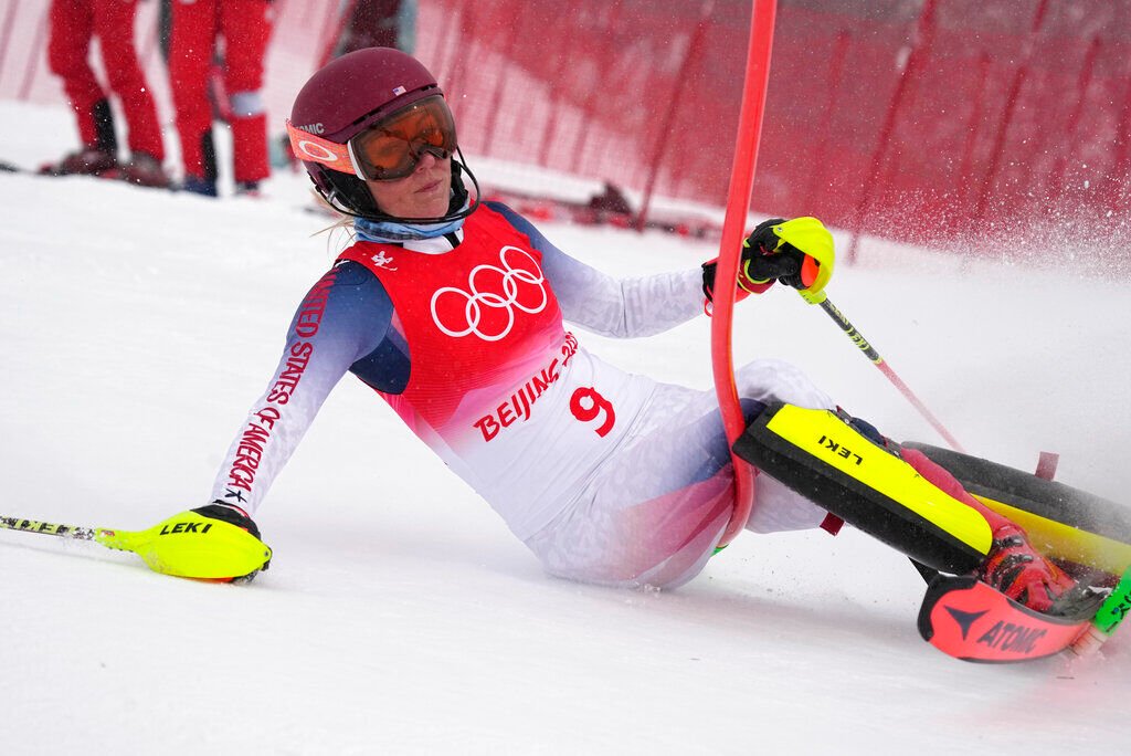 <p>Mikaela Shiffrin of the United States crashes out during the women's combined slalom at the 2022 Winter Olympics, Thursday, Feb. 17, 2022, in the Yanqing district of Beijing. (AP Photo/Robert F. Bukaty)</p>