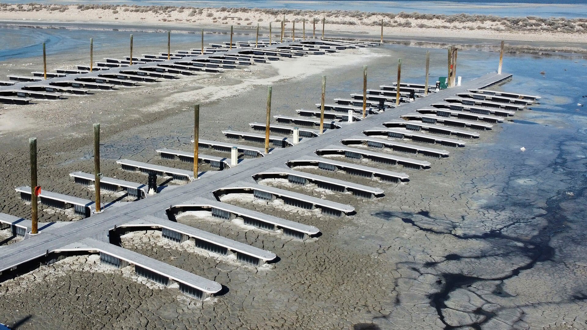 <p>Mud surrounds the boat dock Saturday, Jan. 29, 2022, at Antelope Island, Utah. </p>