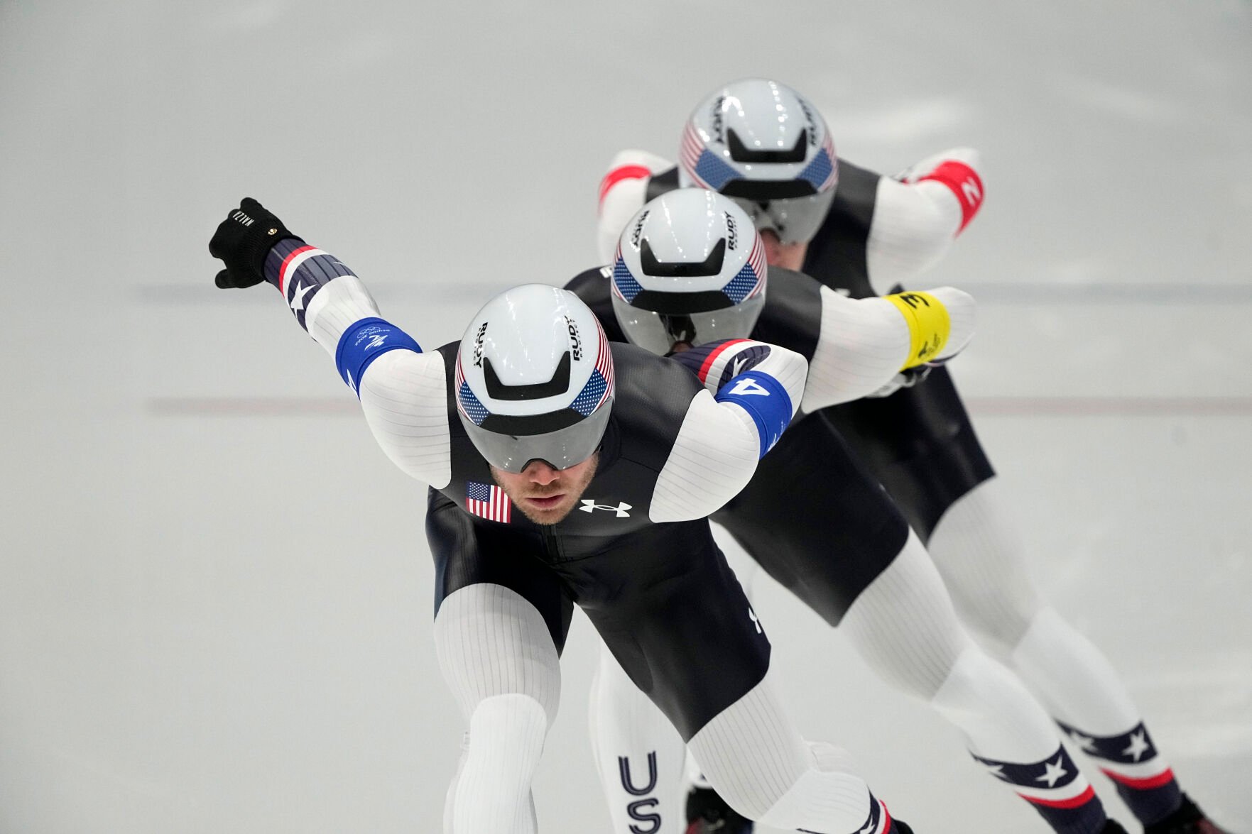 <p>Team United States, led by Joey Mantia, with Emery Lehman center and Casey Dawson, competes during the speedskating men's team pursuit finals at the 2022 Winter Olympics, Tuesday, Feb. 15, 2022, in Beijing. </p>