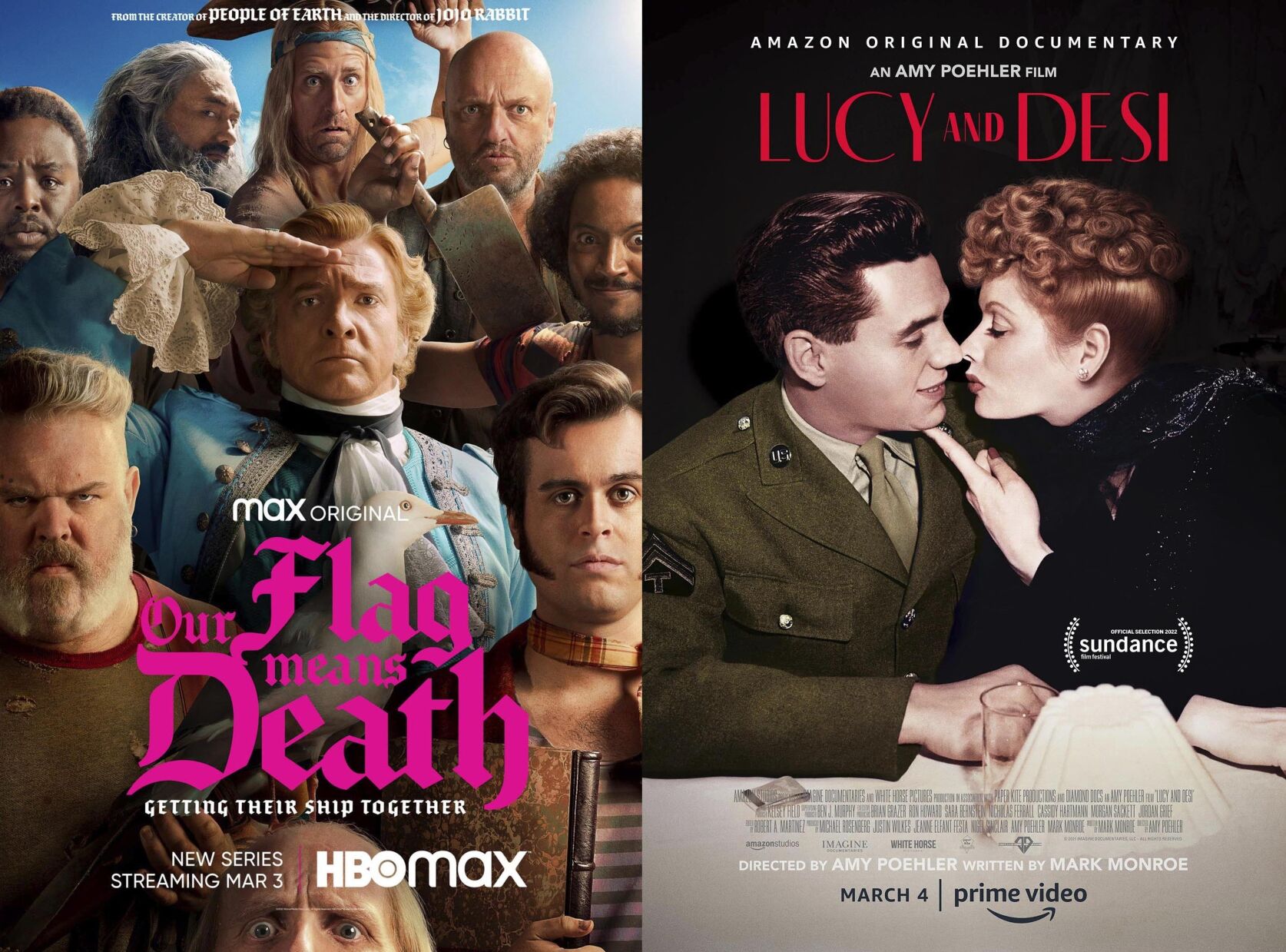 <p>This combination of photos shows promotional art for "Our Flag Means Death," a series premiering March 3 on HBO Max, left, and "Lucy and Desi," a documentary premiering March 4 on Amazon. (HBO Max/Prime Video via AP)</p>