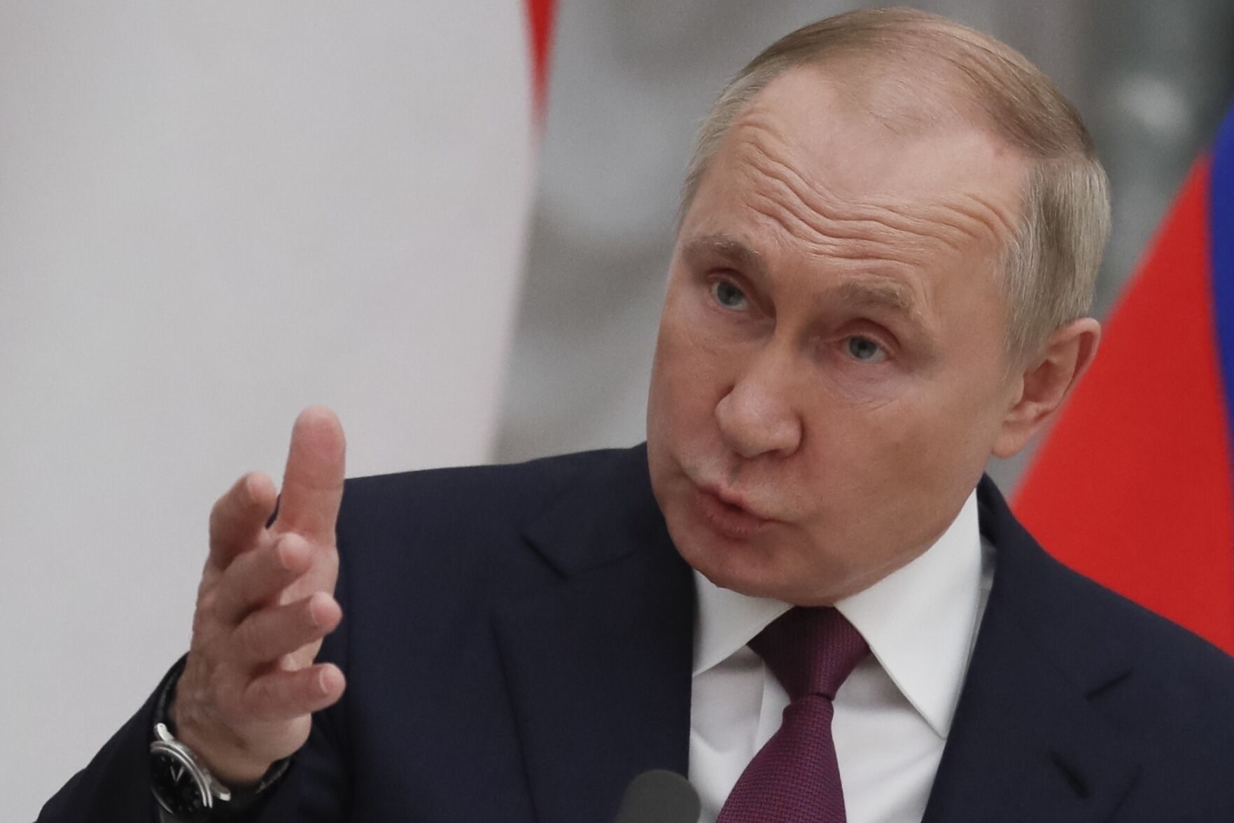 <p>FILE - Russian President Vladimir Putin speaks during a news conference in Moscow, Russia, Feb. 1, 2022. (Yuri Kochetkov/Pool Photo via AP, File)</p>