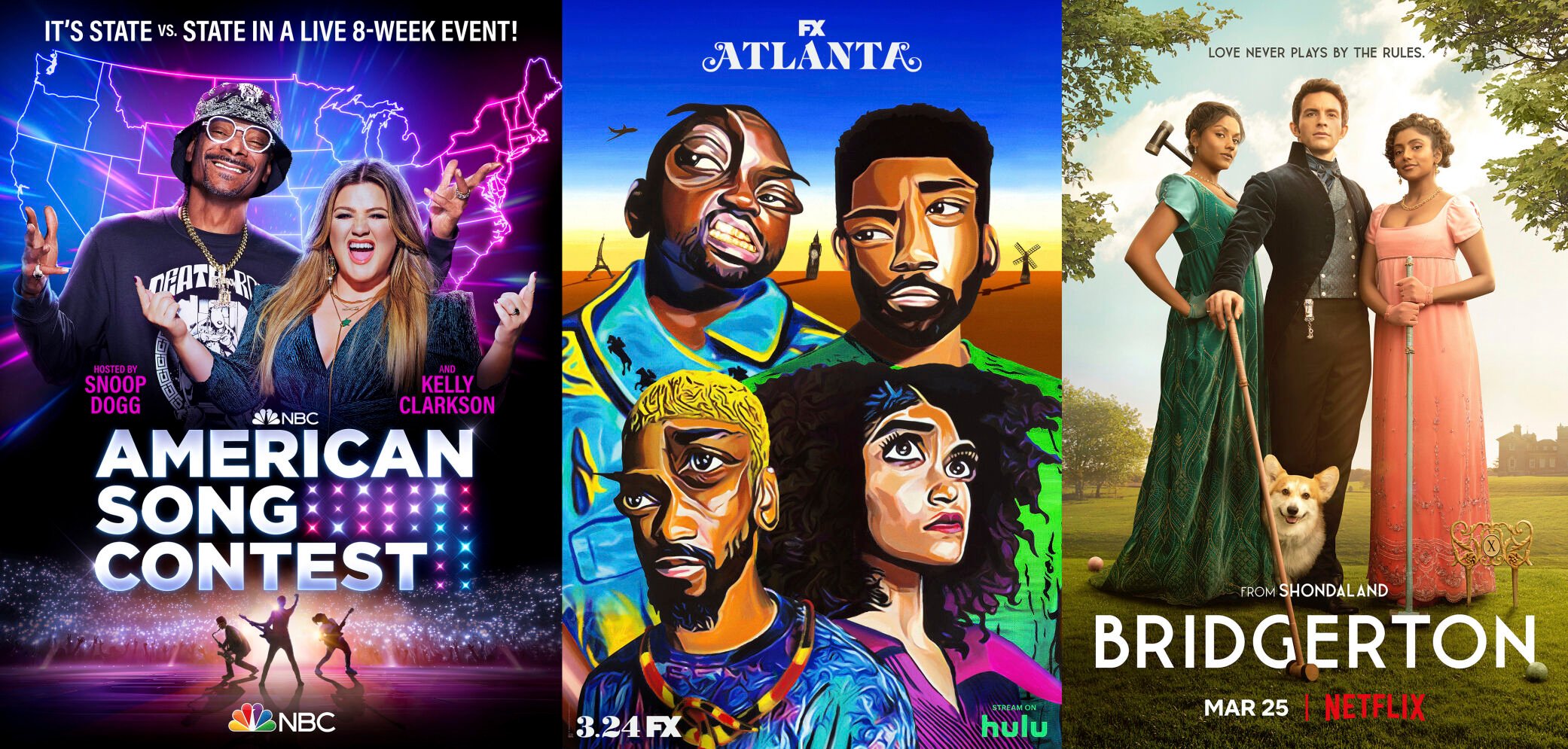 <p>This combination of images shows promotional art for NBC’s competition series “American Song Contest,” premiering Monday, March 21, the series “Atlanta” premiering March 24 on FX and season two of "Bridgerton," premiering March 25 on Netflix. (NBC/FX/Netflix via AP)</p>