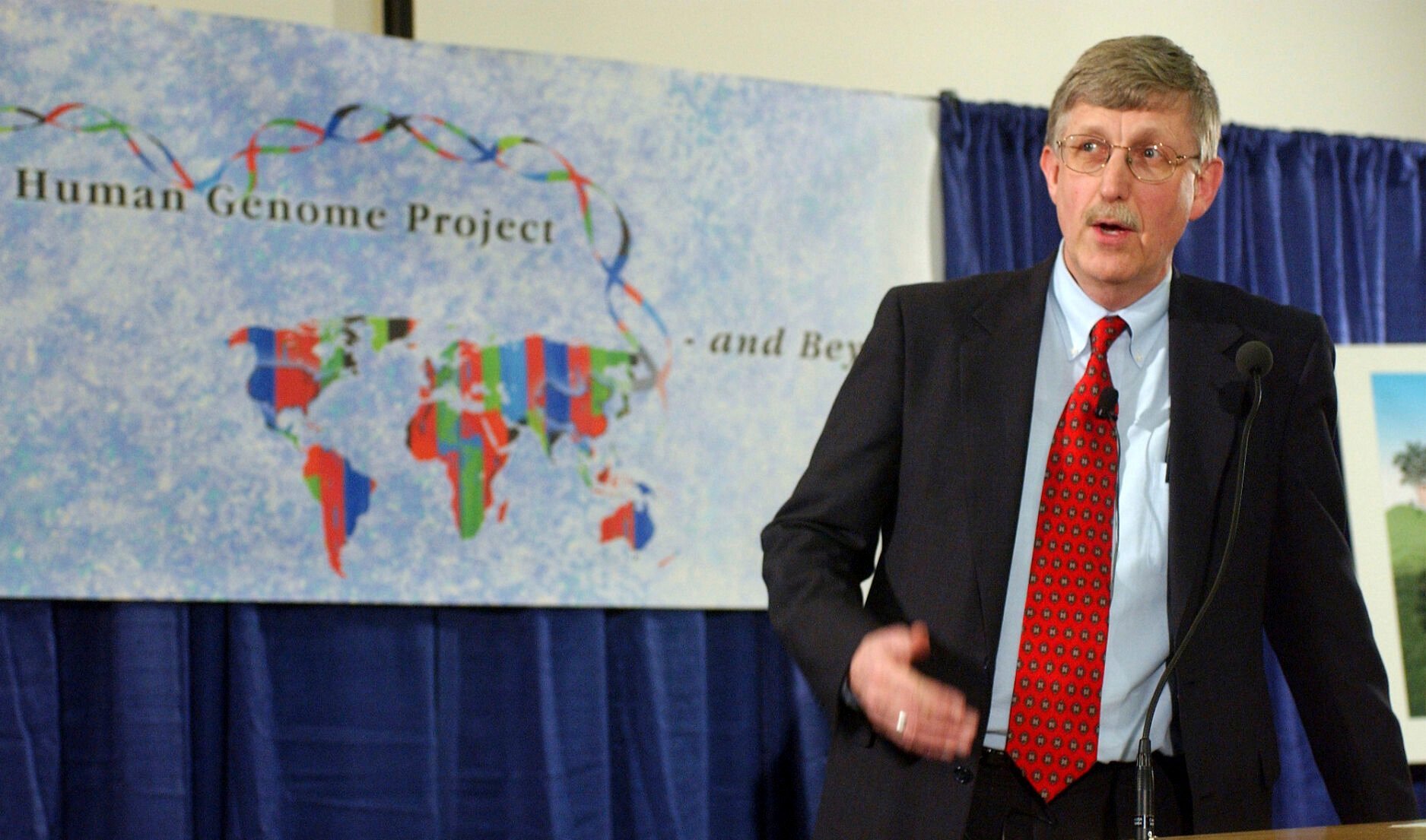 <p>FILE - In this April 14, 2003 file photo, Dr. Francis Collins, director of the National Human Genome Research Institute, announces the successful completion of the human genome project in Bethesda, Md. In research published in the journal Science on Thursday, March 31, 2022, scientists announced they have finally assembled the full genetic blueprint for human life, adding the missing pieces to a puzzle nearly completed two decades ago. An international team described the sequencing of a complete human genome, the set of instructions to build a human being. (AP Photo/Evan Vucci, File)</p>