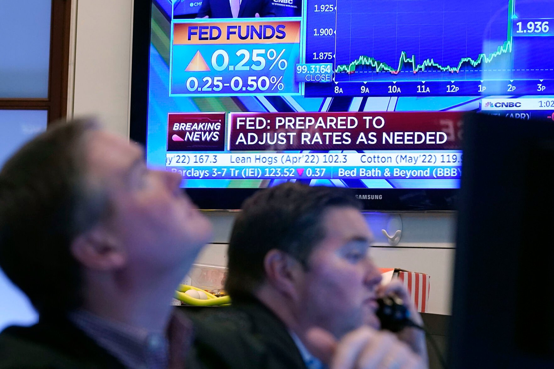 <p>A television screen on the floor of the New York Stock Exchange, Wednesday, March 16, 2022, shows the rate decision of the Federal Reserve. The Fed's quarter-point hike in its key rate, which it had pinned near zero since the pandemic recession struck two years ago, marks the start of its effort to curb the high inflation that has followed the recovery from the recession.</p>