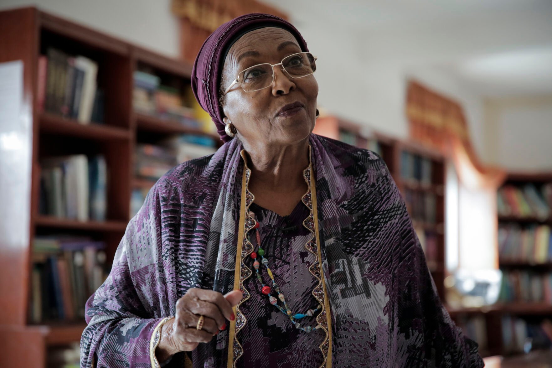 <p>Former first lady Edna Adan Ismail, the first in Somaliland to speak out publicly against female genital mutilation (FGM) almost five decades ago, is interviewed in Hargeisa, Somaliland, a semi-autonomous breakaway region of Somalia, Tuesday, Feb. 8, 2022. Officials and health workers say cases of female genital mutilation increased during the pandemic in parts of Africa and particularly in Somaliland where 98 percent of girls aged 5 to 11 undergo the procedure. (AP Photo/Brian Inganga)</p>
