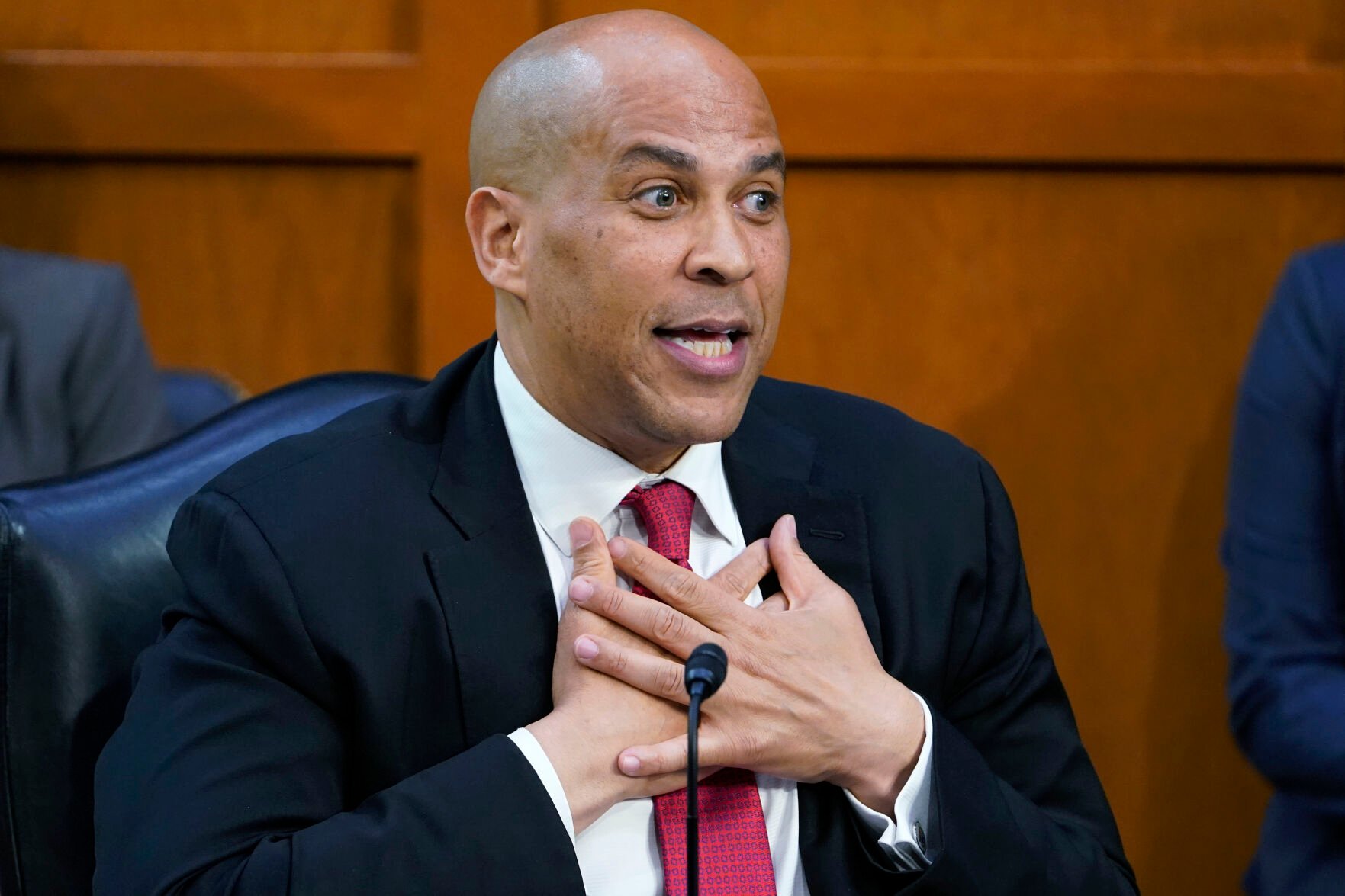 <p>Sen. Cory Booker, D-N.J., speaks during the confirmation hearing of Supreme Court nominee Judge Ketanji Brown Jackson before the Senate Judiciary Committee on Capitol Hill in Washington on March 23, 2022. </p>