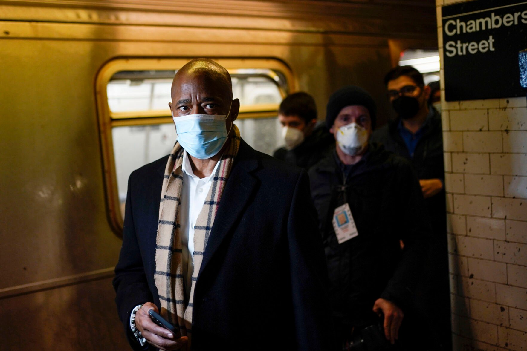 <p>FILE - New York Mayor Eric Adams rides the subway to City Hall on his first day in office in New York, Jan. 1, 2022. </p>