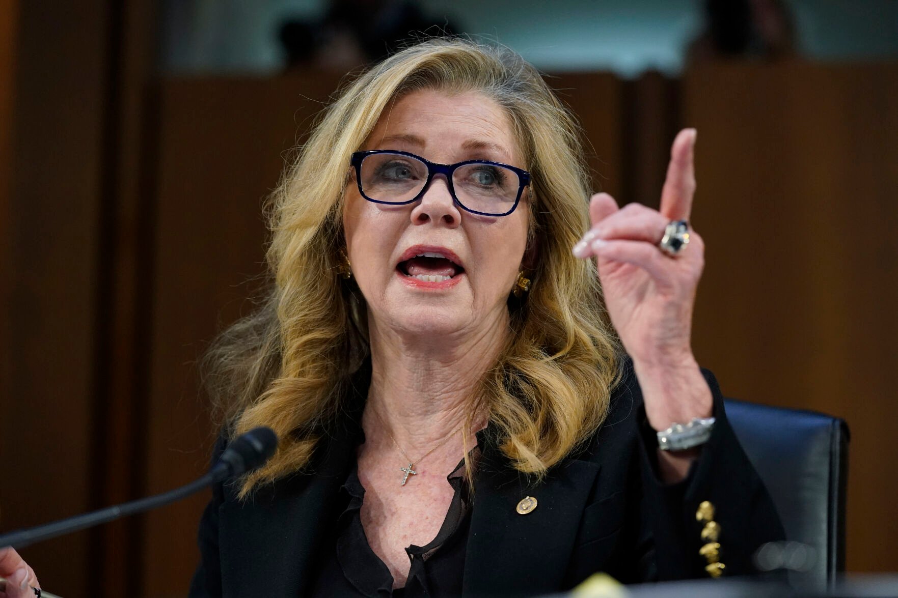 <p>Sen. Marsha Blackburn, R-Tenn., questions Supreme Court nominee Ketanji Brown Jackson during a Senate Judiciary Committee confirmation hearing on Capitol Hill in Washington, Wednesday, March 23, 2022. </p>