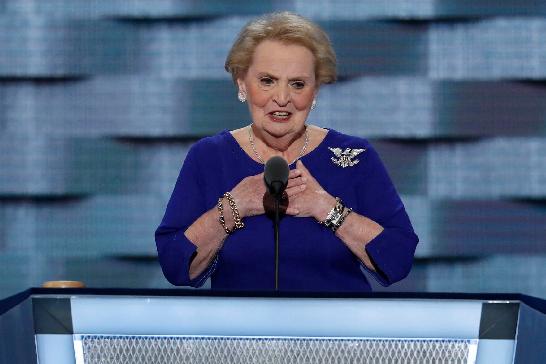 <p>Former Secretary of State Madeleine Albright speaks during the second day of the Democratic National Convention in Philadelphia, July 26, 2016. Albright has died of cancer, her family said Wednesday, March 23, 2022. (AP Photo/J. Scott Applewhite, File)</p>