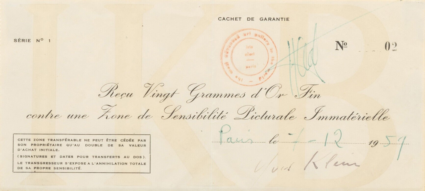 <p>A receipt for 'invisible' art from French artist Yves Klein is up for sale, with auction house Sotheby's estimating that it could sell for half a million dollars.</p>