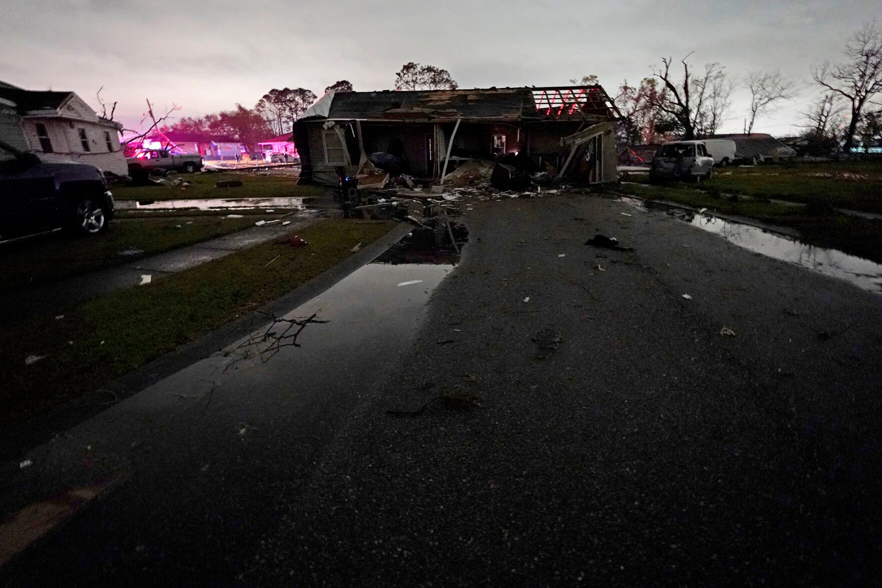 <p>A displaced and destroyed house sits in the middle of a street after a tornado struck the area in Arabi, La., Tuesday, March 22, 2022. </p>
